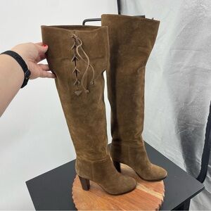 Tila March Paris brown Suede tall heeled boots lace up detail 37 US 6.5